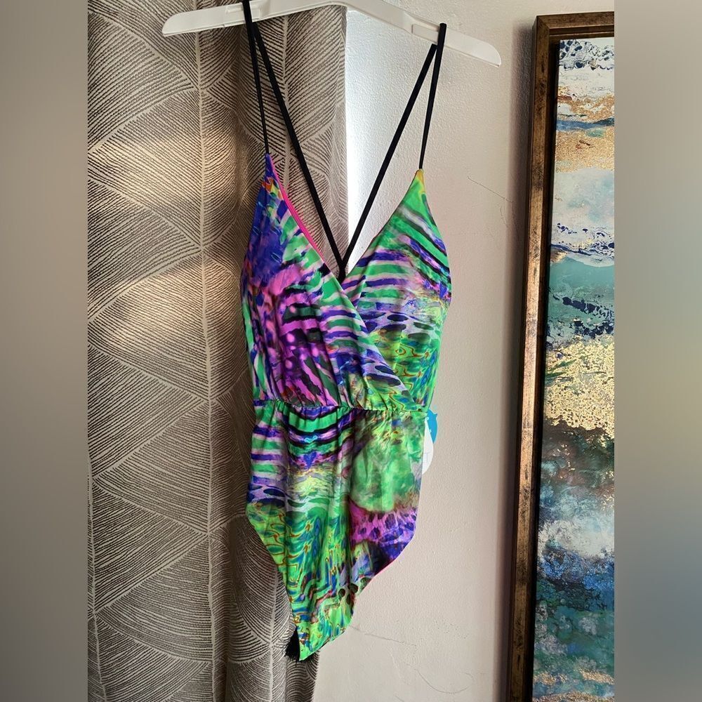 WET Swimsuit Womens One Piece Neón Multicolors Back Neckline Sz L NWT